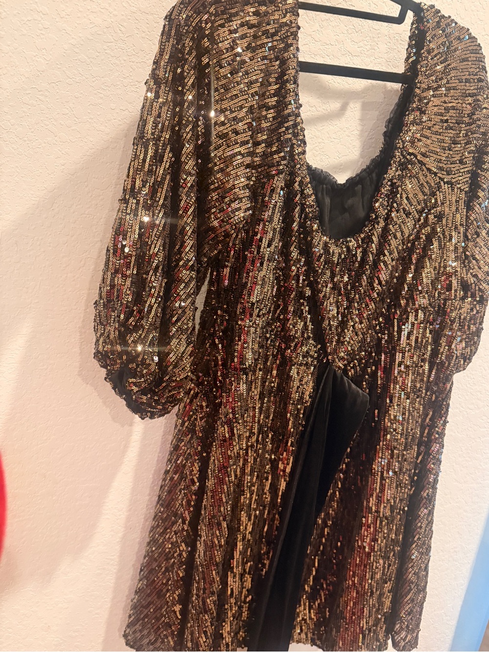 Eloquii Gold Sequin Mini Dress with Black Velvet Sash
